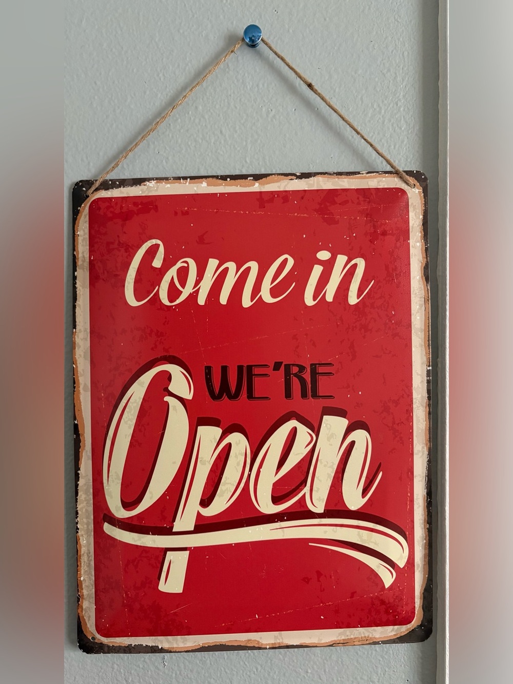 Retro 'Come in We’re Open' Red Metal Sign